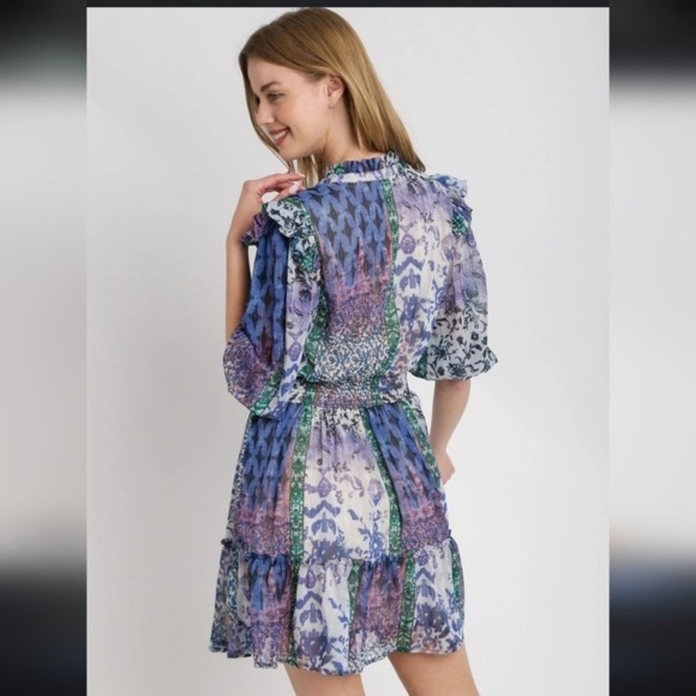 Umgee USA Patchwork Floral Print Ruffle Sleeve‎ Dress Size L
